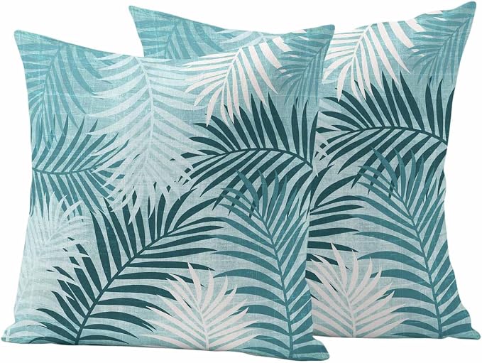 Outdoor Waterproof Throw Pillow Covers, Teal Palm Leaves Decorative Pillow Cases, Summer Botanical Tropical Leaf Couch Pillow Protector Patio Sofa Cushion Covers Replacement 20"x20" 2 Pack