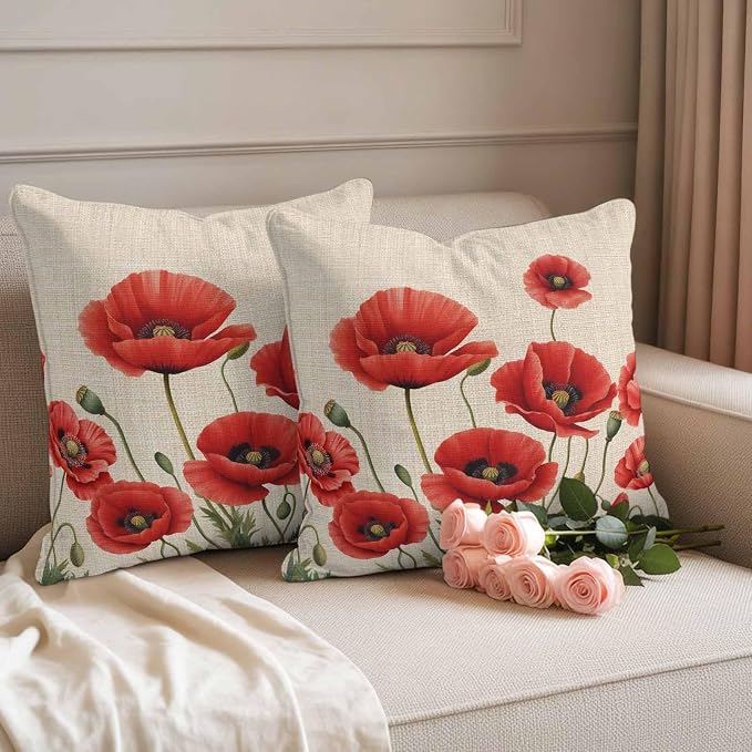 Flowers Outdoor Waterproof Throw Pillow Covers 18"x18" Set of 2, Red Opium Poppy Flowers Vintage Linen Decorative Garden Pillowcase with Zipper Cushion Case for Patio Couch Tent