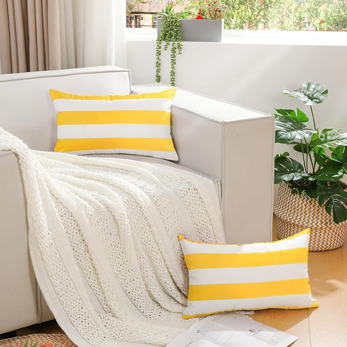 Lewondr 2 Pack Outdoor Throw Pillow Covers, 12"x20", Yellow + White | Lumbar Rectangle Stripe, Waterproof, For Outdoor Patio Porch Farmhouse Garden Balcony Couch, 30x50cm