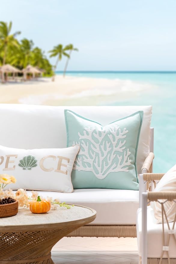Hofdeco Premium Christams Coastal Patio Indoor Outdoor Lumbar Pillow Cover Only, 12"x20" Water Repellent for Backyard, Couch, Neutral Tan Embroidered Peace