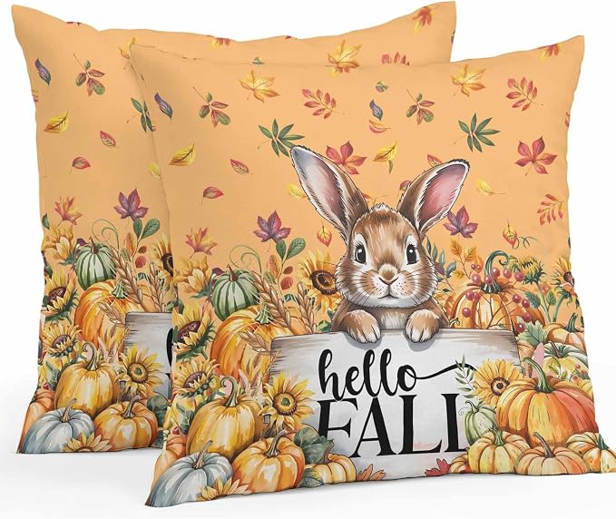 Thanksgiving Rabbit Outdoor Waterproof Pillow Covers, Orange Pumpkins Fall Leaves Flowers Decorative Square Throw Pillowcase Sofa Cushion Sham for Patio/Couch/Chair, 20"x20" 2 Pack