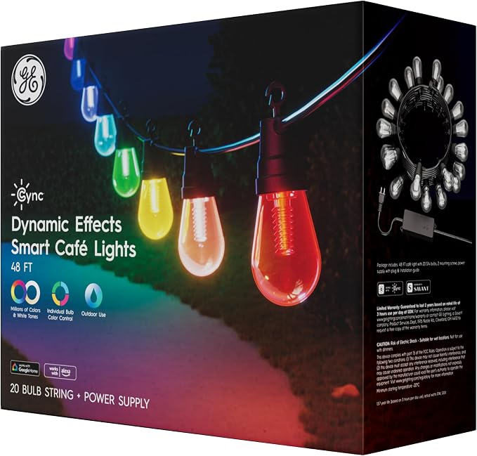 Cync GE Dynamic Effects Color Changing Smart Outdoor String Lights, 48ft | App control, Alexa & Google compatible, color changing patio cafe lights, weather resistant, 48ft, dynamic lighting effects