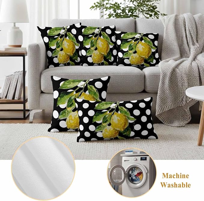 Waterproof Pillow Covers Set of 2,Farmhouse Yellow Lemon Green Leaf Outdoor Pillow Protectors with Zipper Pillowcases for Patio Tent Garden Beach 16x16 Inches Black White Polka Dot