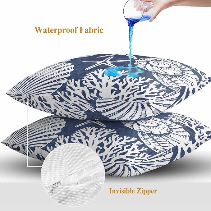 Outdoor Pillow Covers 16x16 Inch Set of 2, Navy Blue Starfish Coastal Waterproof Throw Pillow Covers, Summer Coral Shell Beach Nautical Decorative Cushion Pillowcases for Couch Sofa Bed Garden Patio