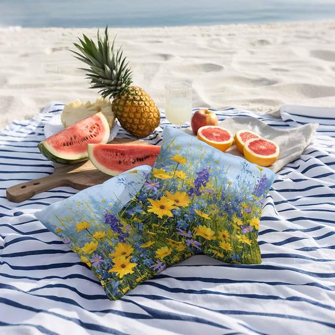 Outdoor Waterproof Pillow Covers for Patio Rustic Landscape Decorative Throw Pillow Cover Spring Wildflower Floral Yellow Blue Purple Pillowcases Set of 2 Cushion Case for Sofa Couch Chair 18x18 Inch