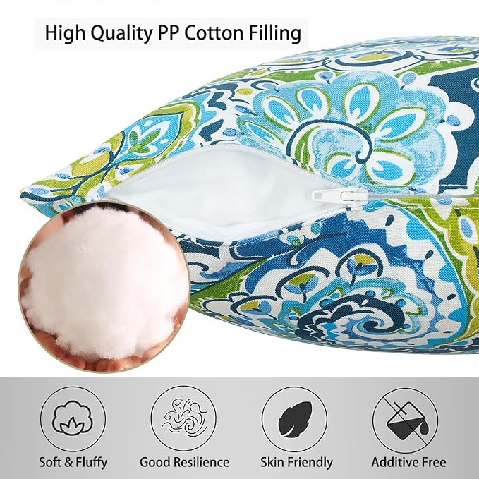 Magpie Fabrcis Pack of 2 Outdoor Waterproof Throw Pillow with Insert 18 x 18 Inch, Christmas Decorative Back Cushion Pad for Garden Patio Tent Balcony Couch Sofa(Paisley Lapis Green)
