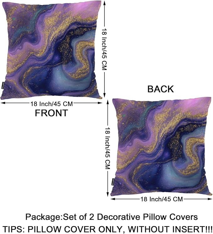 Swono Marble Pattern Cozy Pillowcase Cushion Cover, Abstract Natural Marble Gold Purple Decorative Throw Pillows Covers Outdoor Pillow Case for Home Office Dorm Sofa Picnic Car 18" X 18", 2 Pack