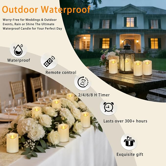 Pure White Flameless Candles, Patented 3D Dual-LED, Set of 2 Slanted Plastic Pillars with Remote, Waterproof Non-Melting Battery Operated Modern Decor for Spa Bath, White (D3 x H6)