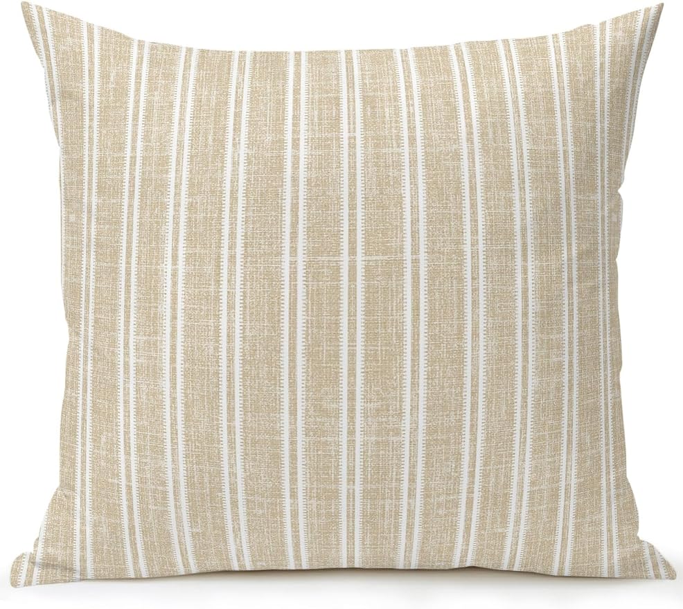 Waterproof Outdoor Pillow 1 Pack Beige Linen Striped Decorative Throw Pillows Cover & Insert 16x16 Inch Pillowcase Vertical Stripes Lines Pillows for Couch Sofa Bed Patio Furniture Indoor Outdoor