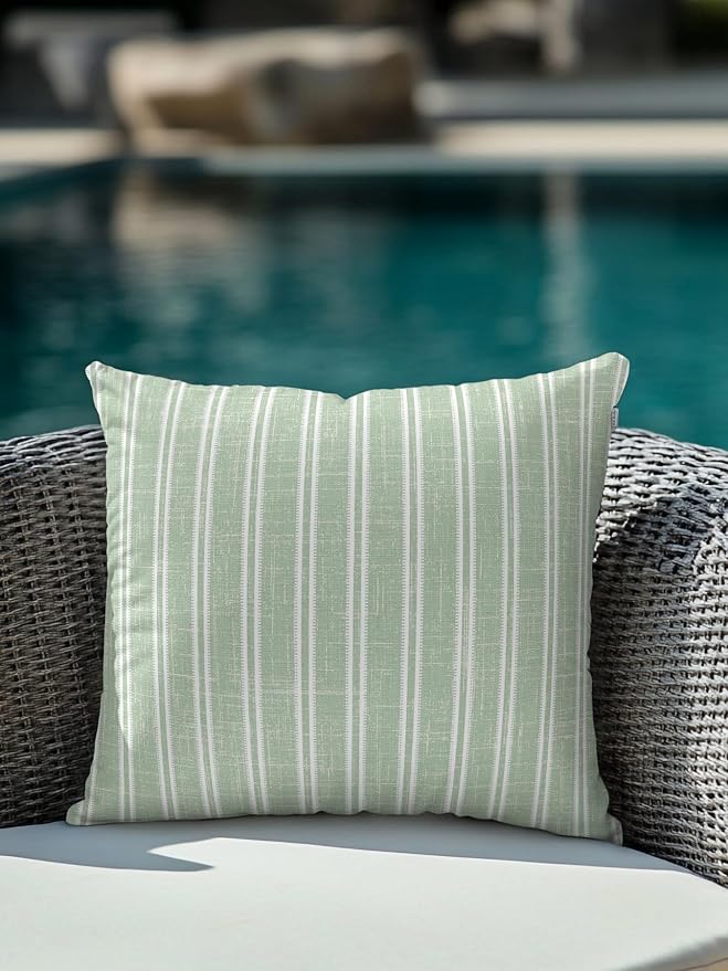 Waterproof Outdoor Pillow 1 Pack Green Linen Striped Decorative Throw Pillows Cover & Insert 16x16 Inch Pillowcase Vertical Stripes Lines Pillows for Couch Sofa Bed Patio Furniture Indoor Outdoor