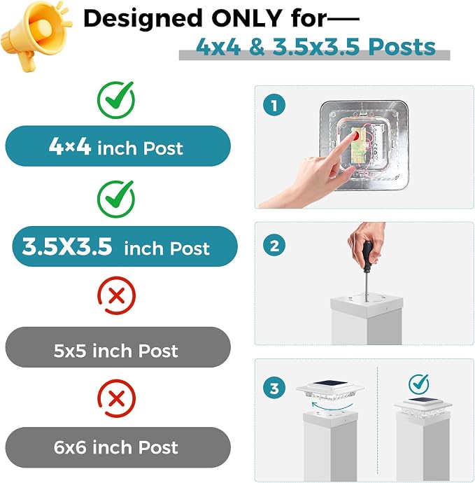 kolpop 4x4 Solar Post Cap Lights Outdoor 2Pack- 3 Color Temperatures&2 Level Brightness, IP65 Waterproof, 16 LED Fence Deck Post Light Solar Powered Only for 4×4/3.5×3.5 Wood/Vinyl Posts(White)