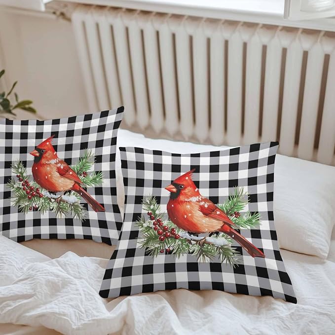 Vandarllin Christmas Outdoor Throw Pillows Covers 24X24 Set of 2 Waterproof Red Cardinals Decorative Zippered Lumbar Cushion Covers for Patio Furniture, White Black Buffalo Check Plaid