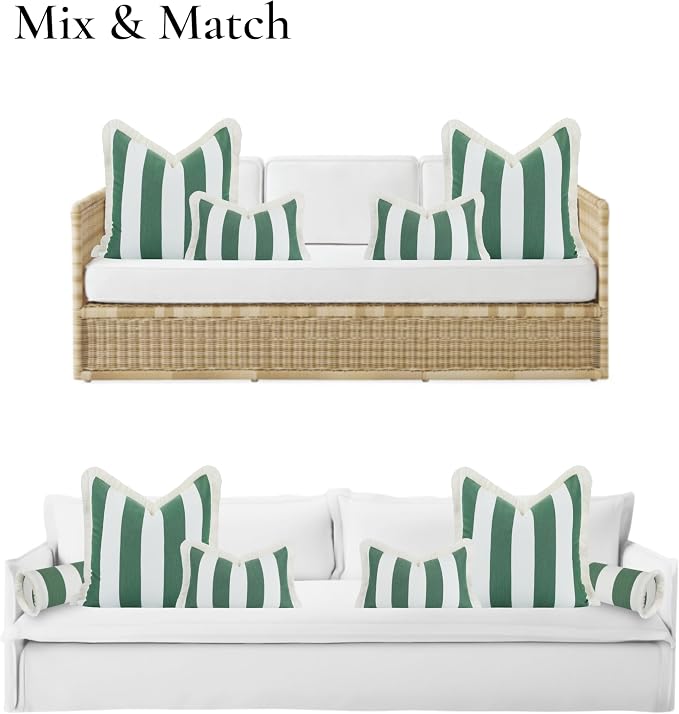Hofdeco Premium Coastal Hampton Outdoor Performance Throw Pillow Cover Only, 20"x20" Water Repellent, UV and Fade Resistant for Backyard, Couch, Poolside, Green Woven Beach Stripes