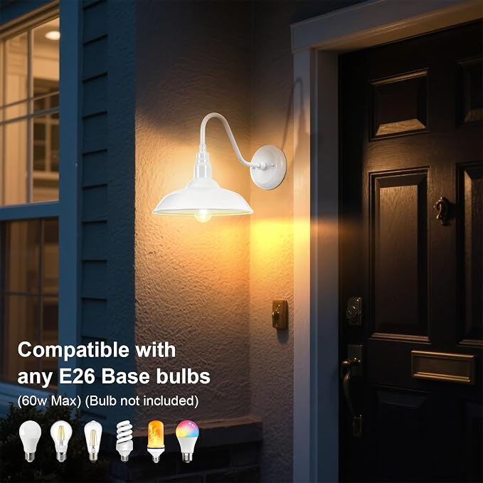 Outdoor Gooseneck Barn Light Fixture with Wall Mount, 10'' Diameter White Exterior Waterproof Wall Lantern for Porch, Farmhouse Wall Sconce, 2 Pack, LM2201-WH-2P