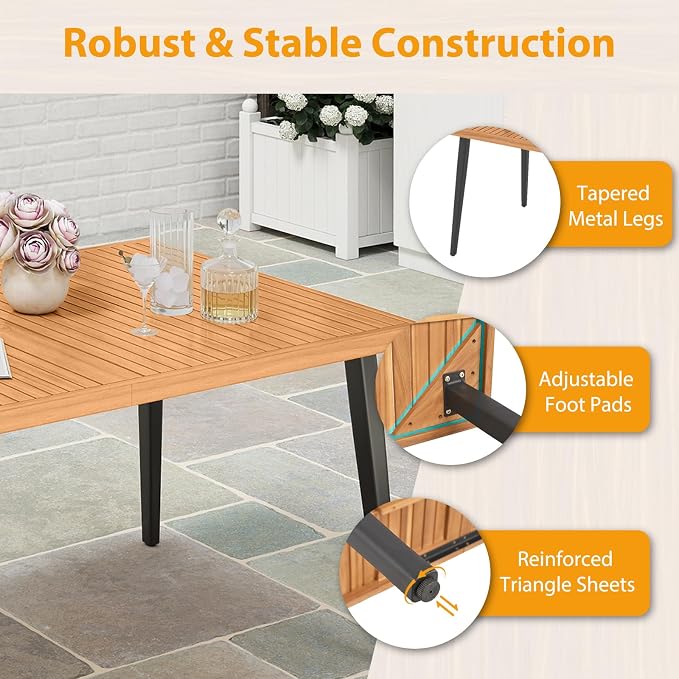 Tangkula 7 Pieces Patio Dining Table Set, Outdoor Rectangular Acacia Wood Table with 1.97” Umbrella Hole & 6 Cushioned Armchairs, for Garden, Deck, Yard