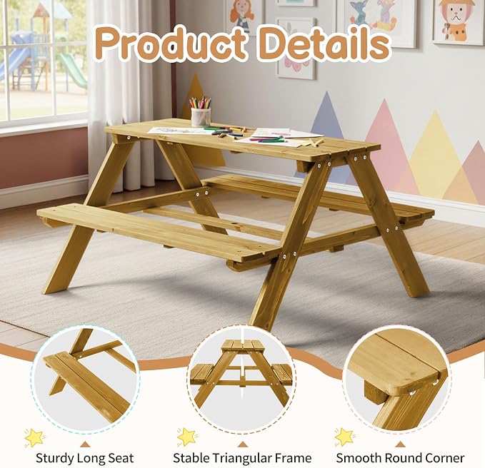 Kids Picnic Table, Wooden Toddler Picnic Table and Chair w/Removable Umbrella, Kids Outdoor Furniture for Patio Garden, Teak