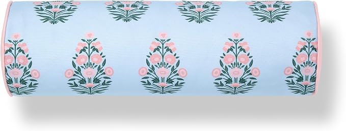Hofdeco Premium Coastal Grandmillennial Patio Indoor Outdoor Bolster Pillow Cover Only, 6"x20" Water Repellent for Backyard, Couch, Poolside, Baby Blue Pink Print Flower