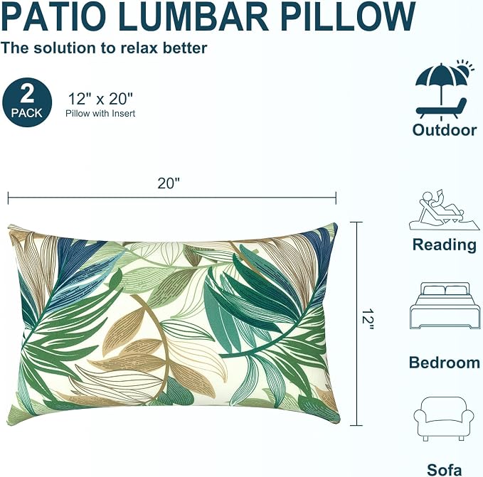 DYTXIII Pack of 2 Waterproof Outdoor Lumbar Pillow with Inserts, 12x20 in Rectangle Decorative Patio Throw Pillow for Home, Sofa,Bench and Patio Furniture, Lush Leaf Green