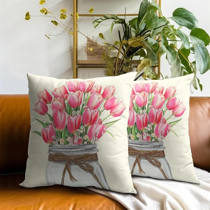 Tulip Spring Floral Pillow Covers 16x16, 2Pcs Set Pink Flowers Leaves Botanical Mason Jar Decorative Pillow Cases Soft Cotton Square Cushion Cover for Bed Sofa Farmhouse Home Decor