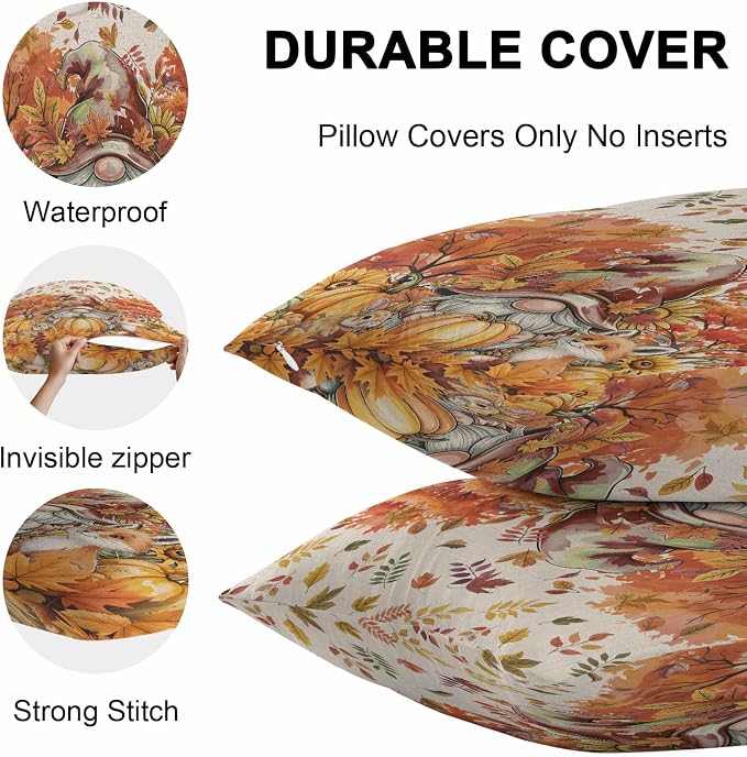 Fall Gnomes Pumpkin Outdoor Waterproof Pillow Covers, Maple Leaves Animal Country Vintage Decorative Square Throw Pillowcase Sofa Cushion Sham for Patio/Couch/Chair, 18"x18" 2 Pack