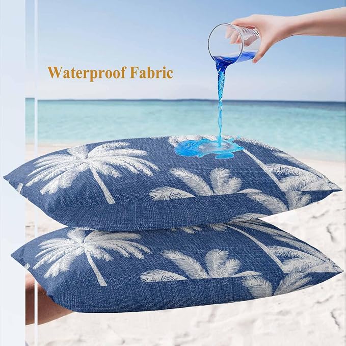 Lumbar Pillow Covers 20x12 Inch Set of 2, Navy Blue Palm Trees Waterproof Outdoor Pillow Covers, Farmhouse Tropical Summer Beach Decorative Cushion Pillowcases for Couch, Sofa, Bed, Garden, Patio