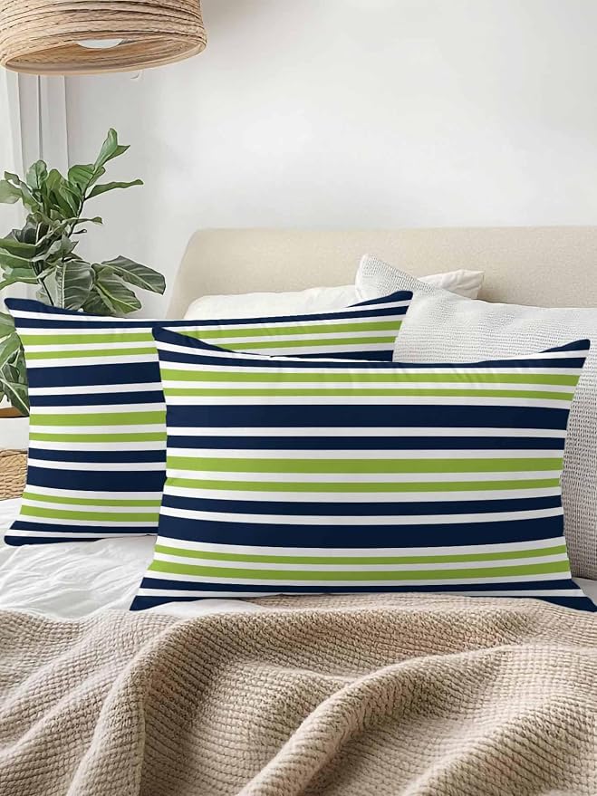 Outdoor Waterproof Throw Pillows Navy Blue Green Stripe Patio Pillows,Decorative Pillow Covers with Insert,Pillow Cushion Case for Garden Couch Sofa White Line