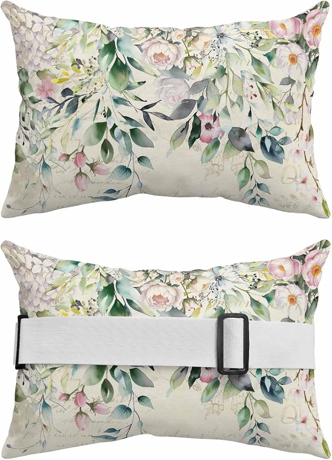Lumbar Pillow Covers Set of 4, Eucalyptus Leaves Waterproof Outdoor Chaise Lounge Pillow Covers with Elastic Strap, Spring Floral Summer Botanical Vintage Headrest Pillowcase for Patio, 11 x 16