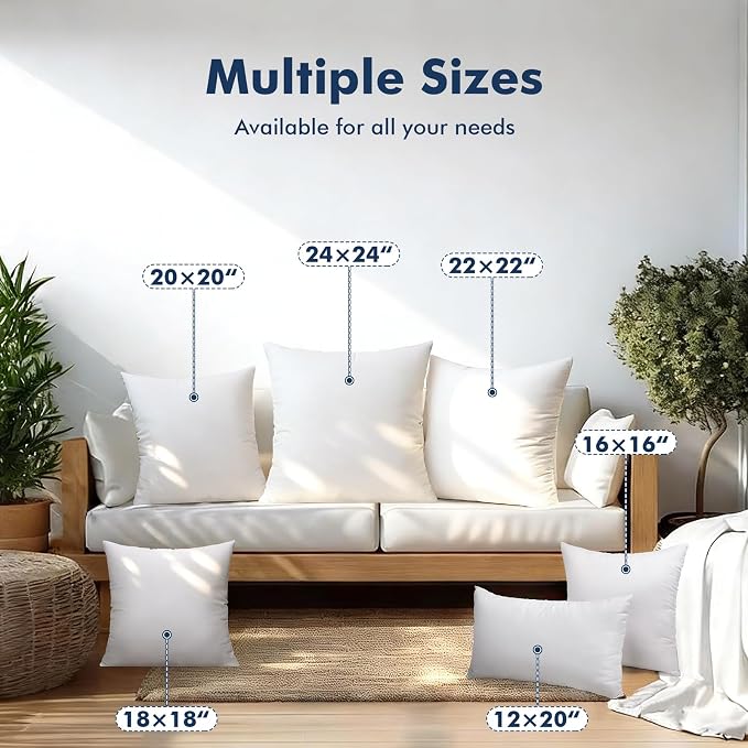 2 Pack 24x24 Outdoor Pillows, Water Resistant Throw Pillow Inserts | Square Waterproof Pillows, Decorative Pillow for Patio & Couch, Fluffy & Supportive, Convenient Zipper Design