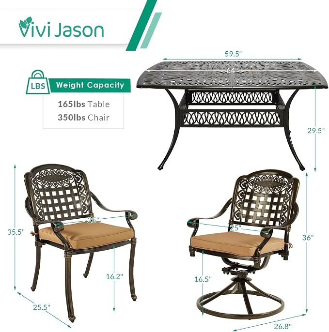 VIVIJASON 9-Piece Outdoor Dining Set, Cast Aluminum Patio Table & Chair Furniture Set for 8, Include Large 64" Square Dining Table, 2 Swivel Rocker Chairs, 6 Stationary Chairs, Umbrella Hole, Khaki