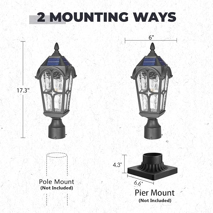 Solar Post Light Outdoor, 17.3 Inch Dusk to Dawn Pier Mount Lamp, Sand Black Aluminum with Seeded Water Ripple Glass, Waterproof Solar Pole Light Fixture for Garden Yard Pillar Patio