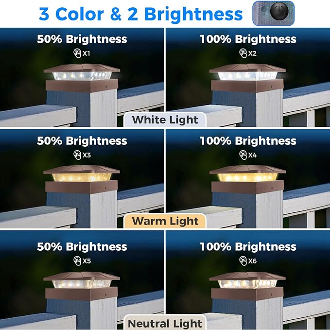 4x4 Solar Post Cap Lights Outdoor with 3 Modes, 20 Packs Brown Fence Deck Light Solar Powered Waterproof, Wood/Vinyl Posts Top Lights for Yard Garden Patio Porch Railing Outside