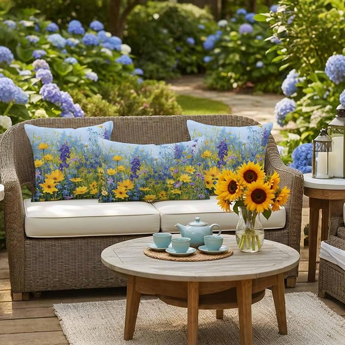 Outdoor Waterproof Pillow Covers for Patio Rustic Landscape Decorative Throw Pillow Cover Spring Wildflower Floral Yellow Blue Purple Pillowcases Set of 2 Cushion Case for Sofa Couch Chair 20x20 Inch