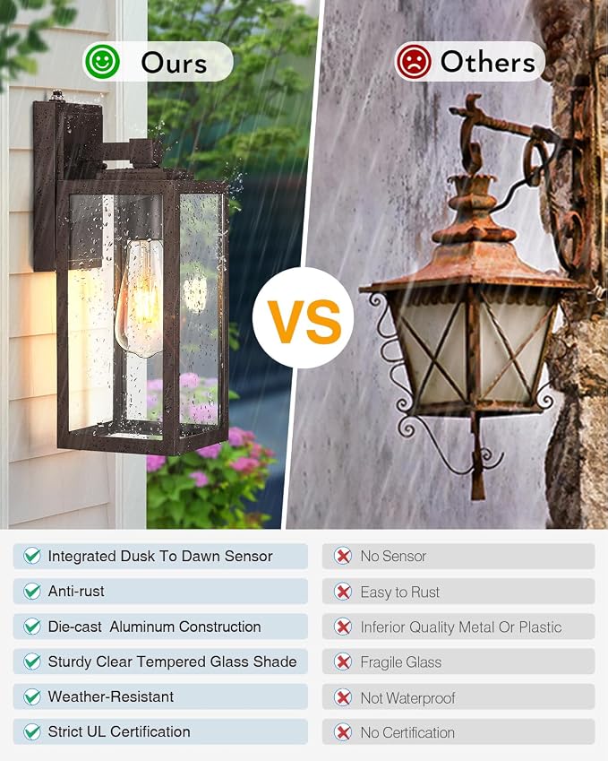 VIANIS 2 Pack Large Dusk to Dawn Exterior Garage Lighting Fixtures, Oil Rubbed Bronze Porch Lights Outdoor Wall Sconce Lantern, Modern Outside House Lights Wall Mount for Front Door, Coach