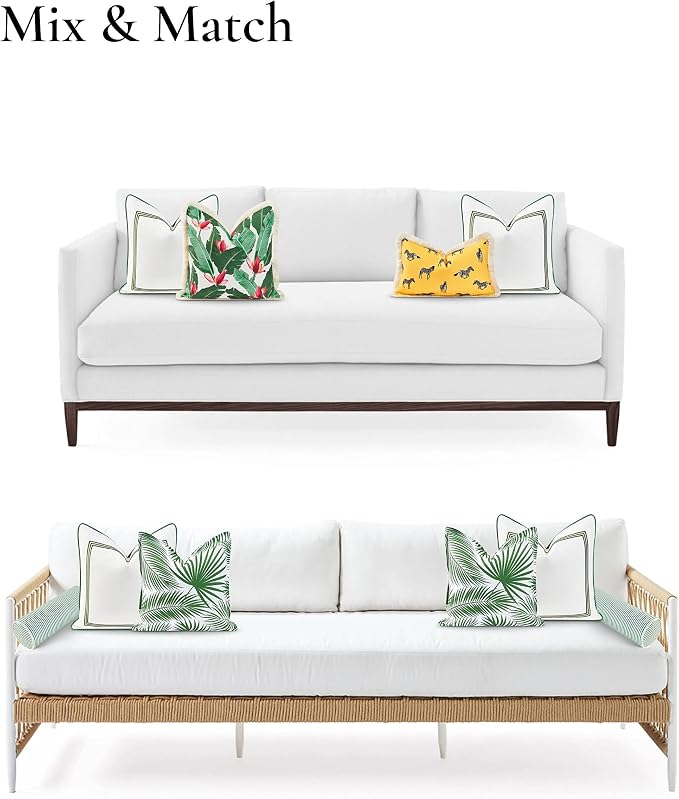 Hofdeco Premium Coastal Patio Indoor Outdoor Pillow Cover Only, 20"x20" Water Resistant for Backyard, Couch, Green Embroidered Square Line