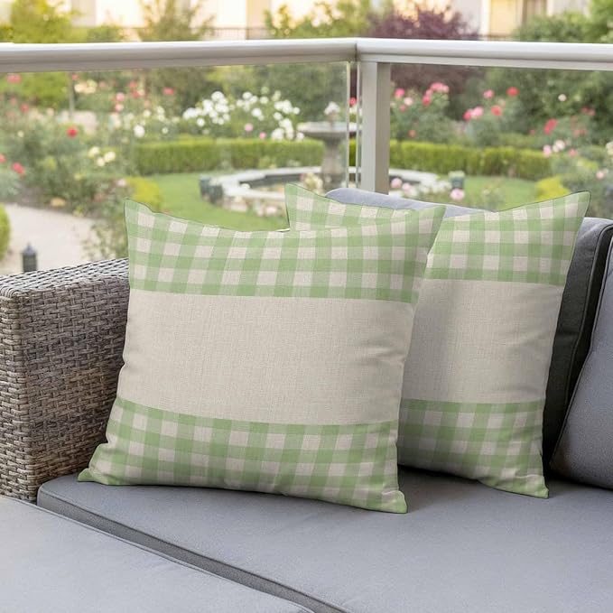 Retro Green Outdoor Waterproof Pillow Covers, Farmhouse Buffalo Plaid Vintage Beige Decorative Square Throw Pillowcase Sofa Cushion Sham for Patio/Couch/Chair, 26"x26" 2 Pack