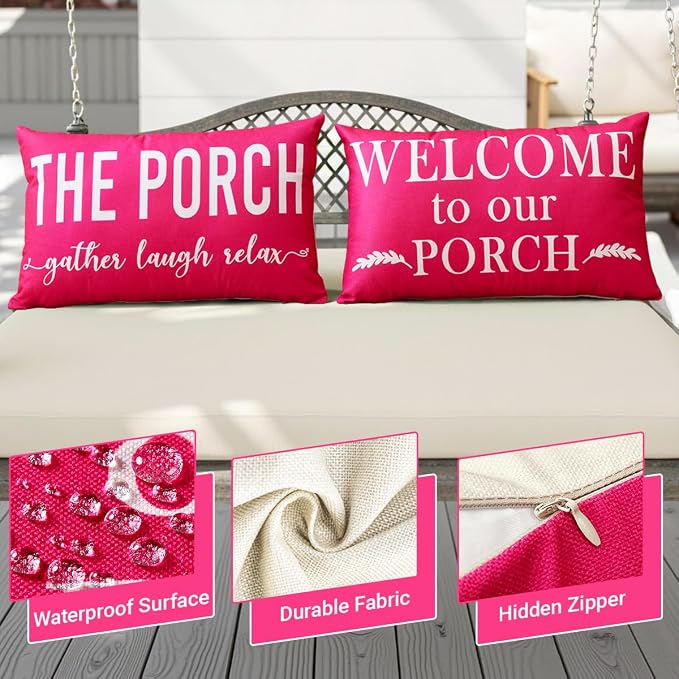 Porch Decor Pink Outdoor Lumbar Pillow Covers Waterproof 12x20 for Patio | Set of 2, Porch Decorations Outdoor, Porch Pillows, Outdoor Pillows Waterproof, Outdoor Pillows for Patio Furniture