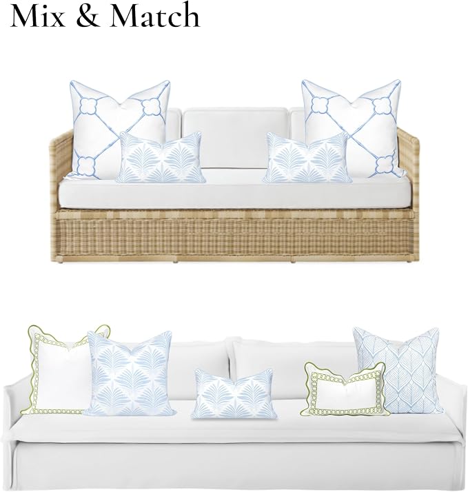 Hofdeco Premium Grandmillennial Coastal Hampton Patio Indoor Outdoor Lumbar Pillow Cover Only, 12"x20" Water Repellent for Backyard, Couch, Poolside, Baby Blue Print Abstract Plam Leaves