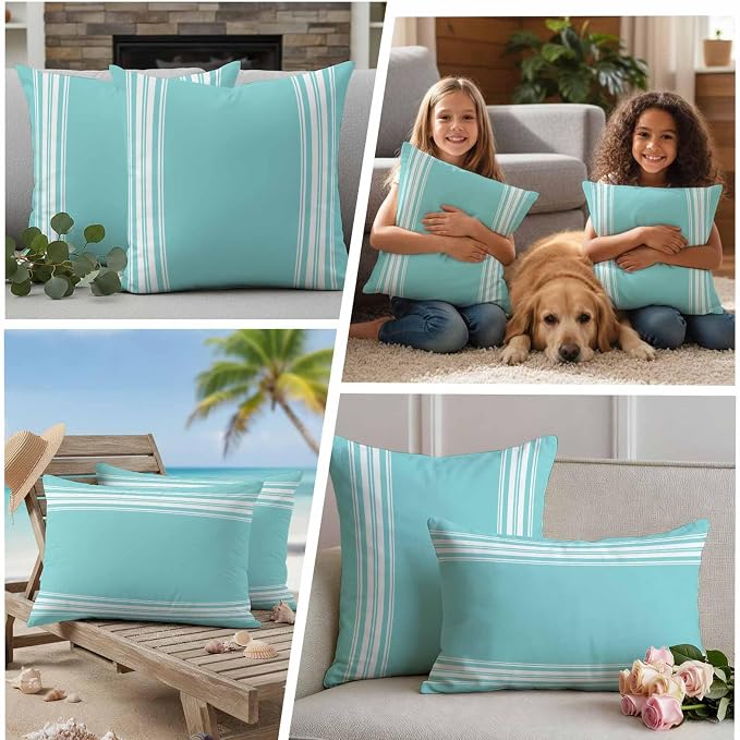 Outdoor Pillow Covers 18x18 Set of 2 Teal Stripes Outdoor Pillows Waterproof Throw Pillow Covers French Stripe Farmhouse Style Pillowcases Decorative Case for Patio Cushion