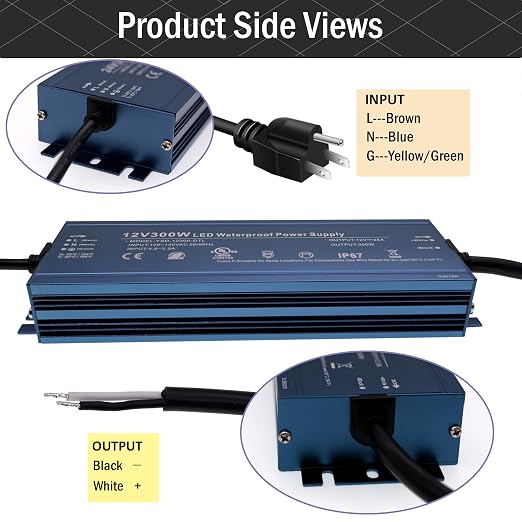 12V 300W UL Listed LED Power Supply with 3.28ft US Standard Plug Wire | Waterproof IP67 Low Voltage Transformer, 100V-130V AC to 12V DC Converter for DC12V LED Lighting Products