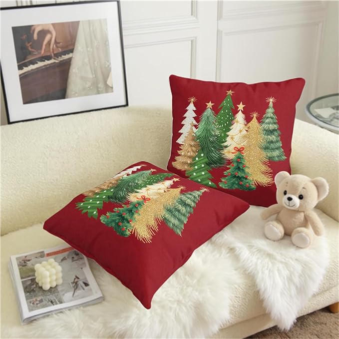 Red Christmas Pillow Covers 22x22 Set of 2 Gold Green Xmas Tree Pillow Case Winter Holiday Throw Pillow Covers Double Sided Printing Decorative Cushion Case for Couch Sofa