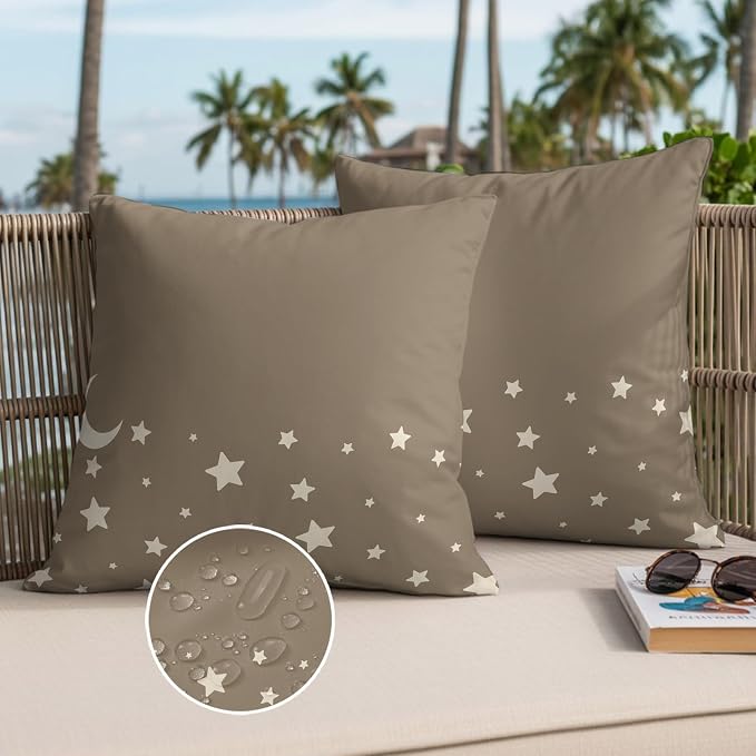 Stars Moon Waterproof Outdoor Pillow Covers Set of 2 Home Decor, Starry Night Khaki Pillowcase Patio Pillow Covers for Couch Bench Patio Furniture Garden 16x16in