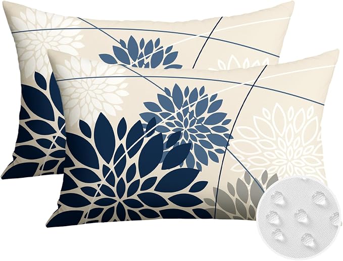 OTOSTAR Outdoor Dark Blue Light Blue Pillow Covers 16x24 Inch Set of 2 White Flower Throw Pillows Farmhouse Geometric Dahlia Floral Lumbar Cushion Case Waterproof Decor for Sofa Patio Funiture Garden