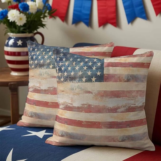 Independence Day Outdoor Pillow Covers 16"x16" Set of 2, Retro Country USA Flag Memorial Day Waterproof Throw Pillow Covers for Patio Furniture, Decorative Cushion Covers for Porch