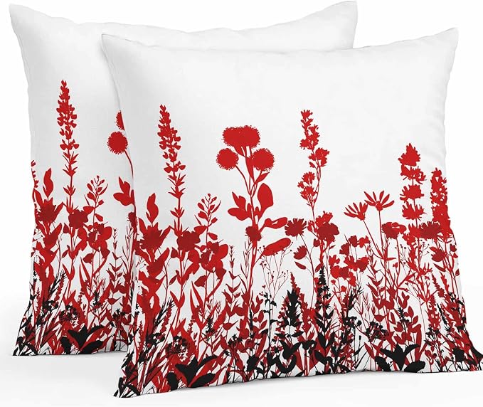 Red Flowers Waterproof Outdoor Pillow Covers Set of 2 Home Decor, Rustic Spring Wild Floral Herbs Plants Pillowcase Patio Pillow Covers for Couch Bench Furniture Garden 24x24in