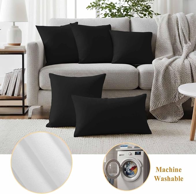Outdoor Pillow Covers 18 x 18 Inches, Black Pure Color Waterproof Throw Pillow Cover Set of 2, Aesthetics Contemporary Luxury Decorative Square Cushion Covers for Patio/Couch/Garden
