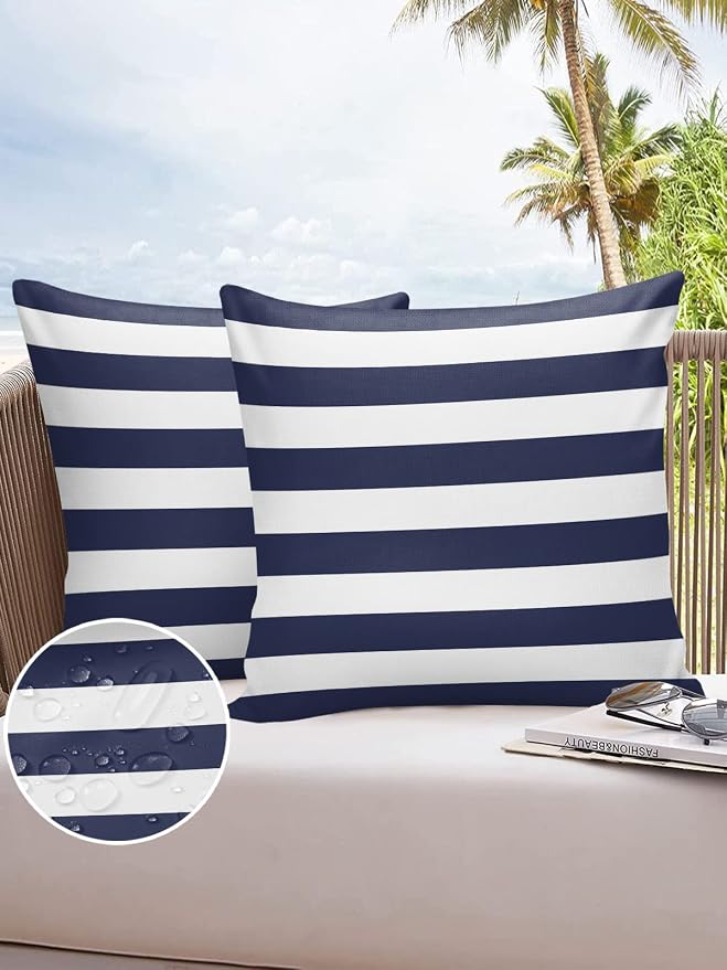 Outdoor Waterproof Pillow Covers for Patio Furniture Solid Nautical Striped Decorative Throw Pillow Cover Navy Blue Pillowcases Set of 2 Cushion Case for Sofa Couch Chair Home Decor 20 x 20 Inches