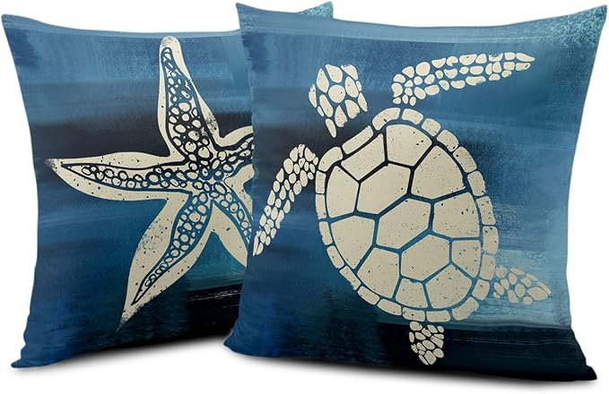 Sea Turtle Pillow Covers 16x16 Starfishes Cushion Cases Ocean Coastal Beach Pillowcases Set of 2 Outdoors Modern Home Decor Square Soft Ocean Theme Throw Pillow Covers