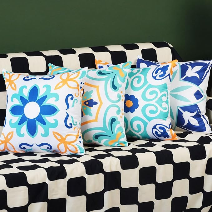 ONWAY Outdoor Boho Pillow Covers Waterproof 16x16 Set of 4 Floral Farmhouse Decorative Outdoor Throw Pillows for Bench Couch Patio Furniture Decorations