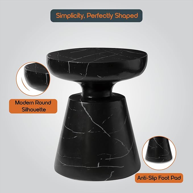 LeisureMod Isle Series Modern End Table – Minimalist Round Fiberstone Tabletop with Pedestal Base, Accent Side Table for Living Room, Bedroom, Patio in Marble Black