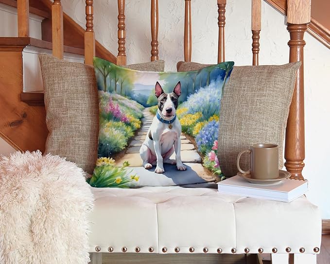 Caroline's Treasures Bull Terrier Spring Path Throw Pillow Machine Washable, Indoor Outdoor Decorative Pillow for Couch, Bed or Patio, 14Hx14W